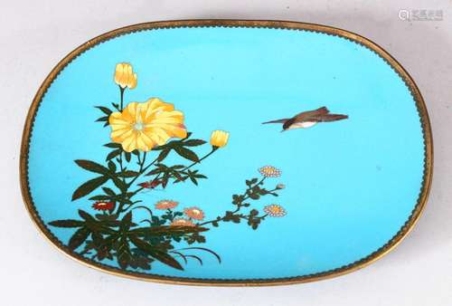 A JAPANESE BLUE GROUND OVAL CLOISONNE DISH, decorated with n...