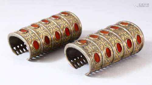 A PAIR OF ISLAMIC LONG WRIST BANGLES / ARM GUARDS, 13.5cm lo...