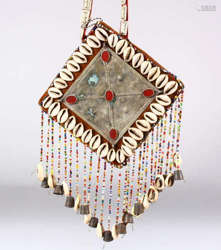 AN ISLAMIC CEREMONIAL NECKLACE, the plaque with cowrie shell...