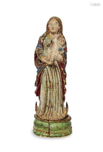 A Goanese polychrome ivory figure of the Virgin and Child, l...