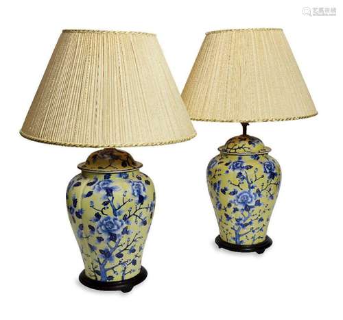 A pair of modern Chinoiserie yellow ground table lamps, mode...