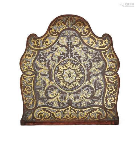 An English brass and steel burr walnut marquetry panel, late...