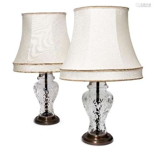 A pair of modern moulded glass table lamps, with silk shades...