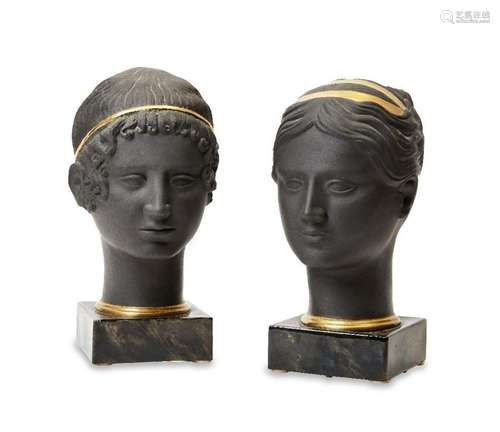 A pair of modern Italian black glazed busts, by Porcellane D...