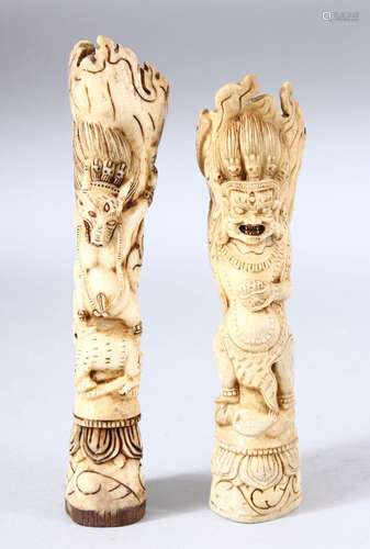 TWO CARVED BONE FIGURES, one depicting a demonic figure / de...