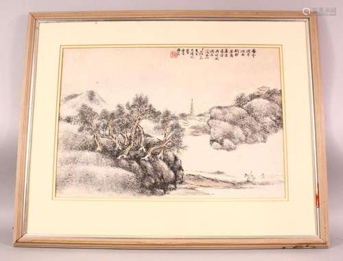 A JAPANESE WATERCOLOUR PAINTING of a snowy landscape, depict...