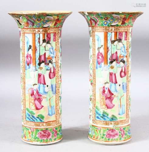 A PAIR OF CHINESE CANTON SLEEVE VASES, painted with panels o...