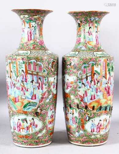 A PAIR OF CHINESE CANTON PORCELAIN VASES, painted with panel...