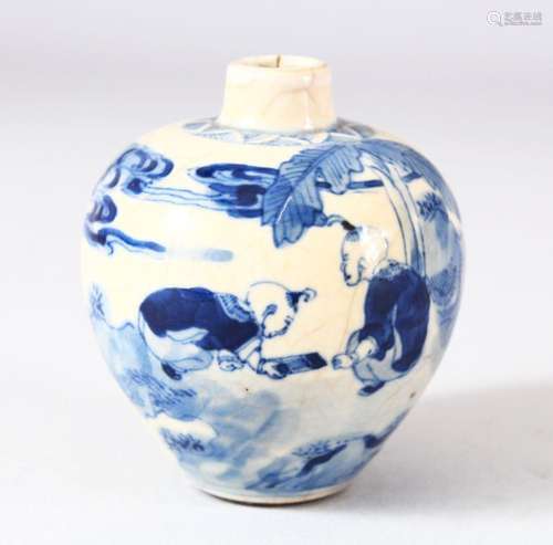 A CHINESE BLUE AND WHITE SNUFF BOTTLE, painted with two boys...