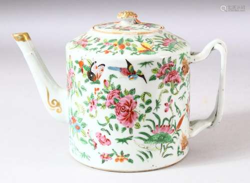 A CHINESE CANTON PORCELAIN TEAPOT AND COVER, painted with fl...