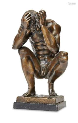 A modern bronze model of a crouching male nude, indistinct s...