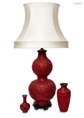 A modern large faux cinnabar table lamp, of double gourd for...