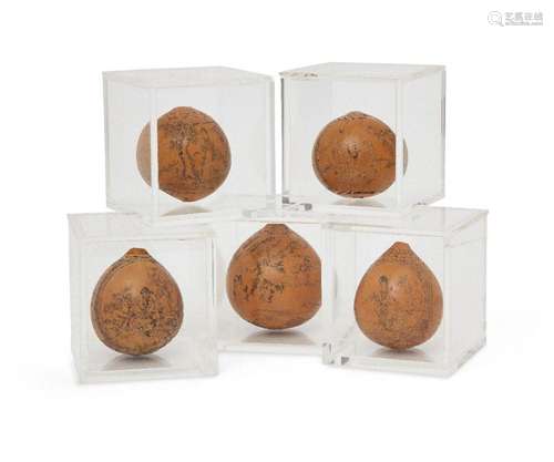 A group of five Chinese etched gourds, each with figures in ...