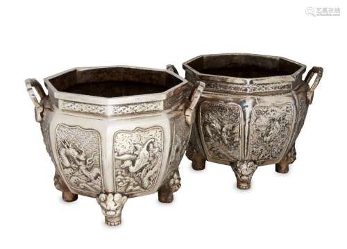 A pair of Chinese silvered bronze octagonal jardinieres, 20t...