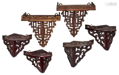 Three pairs of Chinese wood fret-work wall brackets, second ...