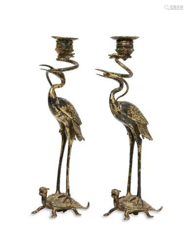 Two Japanese gilt-bronze crane candlesticks, Meiji Period (l...