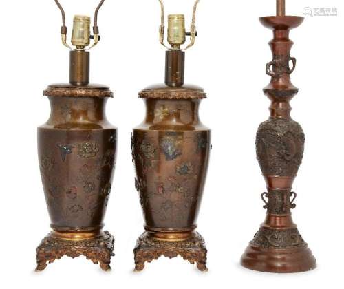A pair of Japanese bronze vase table lamps, Meiji Period (la...