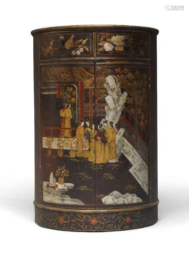 A Chinese black lacquered side cabinet, 20th century, of dem...