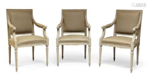 Three French 19th Century open armchairs, grey painted frame...