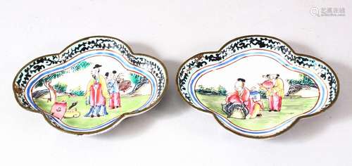 A PAIR OF CHINESE CANTON ENAMELLED DISHES, painted with figu...