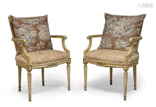 A pair of French Louis XVI style cream upholstered open armc...