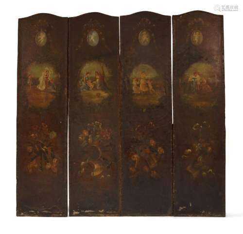 A Spanish four-fold painted leather screen, late 19th centur...