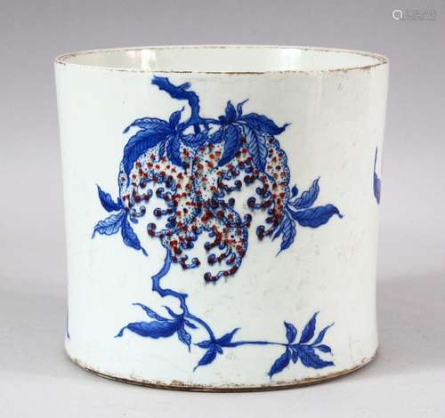 A CHINESE BLUE, WHITE & IRON RED PORCELAIN BRUSH POT - d...