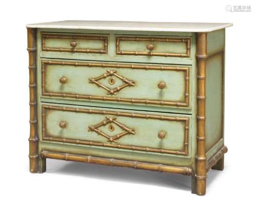 A modern painted and parcel gilt pine chest, with faux bambo...