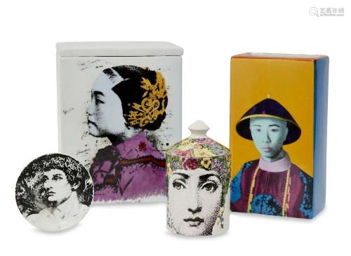 A modern Fornasetti scented candle canister and cover, print...