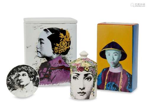 A modern Fornasetti scented candle canister and cover, print...