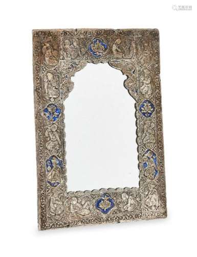 A Qajar silver and enamel mirror, Iran, 19th century, the fr...
