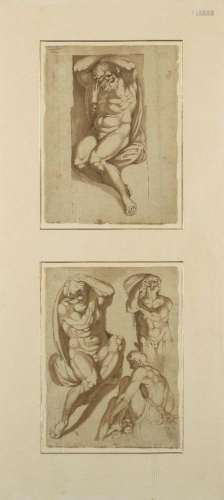 Bolognese School, 18th century- Male nude figures; pen and b...
