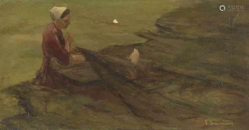 Frans Smissaert, Dutch 1862-1944- Fisherwoman mending nets; ...