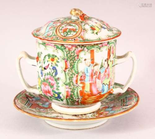 A CHINESE CANTON TWIN HANDLE ECUELLE, COVER AND SAUCER, pain...