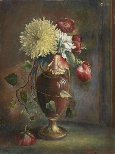 A E Cathie, British exh 1891- Flowers in a vase; oil on boar...