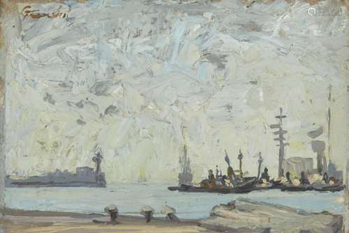 Auguste Jean Gaudin, French 1914-1992- Shipping in a harbour...