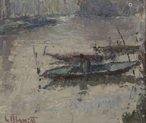 L Blanzat, French, mid-20th century- Moored boats in Venice;...