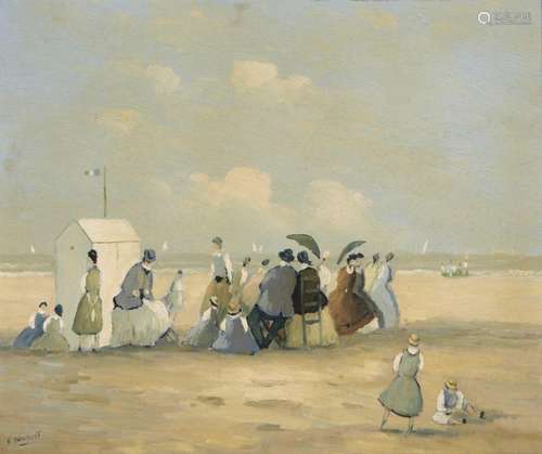 V Doumont, Belgian b.1946- Personnages sur la plage; oil on ...