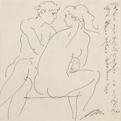 Hans Erni, Swiss 1909-2015- Lovers; pen and black ink, signe...