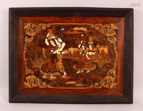 AN INDIAN INLAID WOODEN PANEL, inlaid with exotic woods and ...