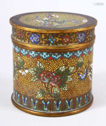 A 19TH CENTURY CHINESE CLOISONEE CYLINDRICAL BOX & COVER...