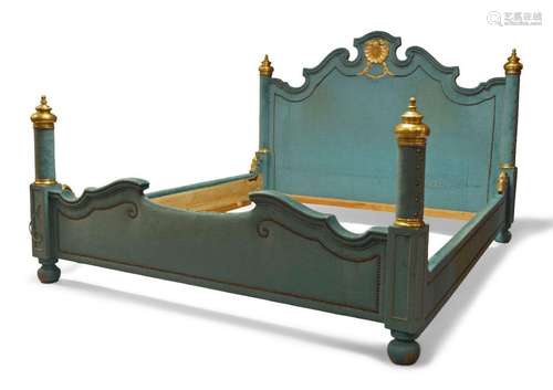 A French style modern bedstead, with brass finials, blue fab...