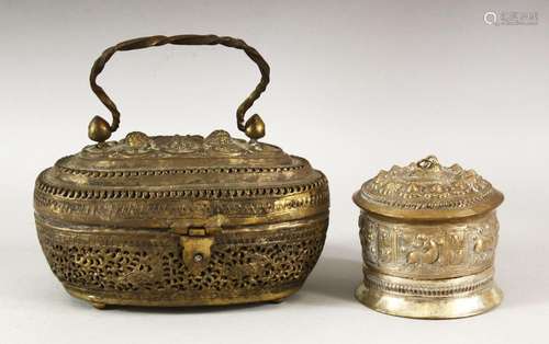 A BURMESE WHITE METAL CIRCULAR BOX AND COVER, with embossed ...