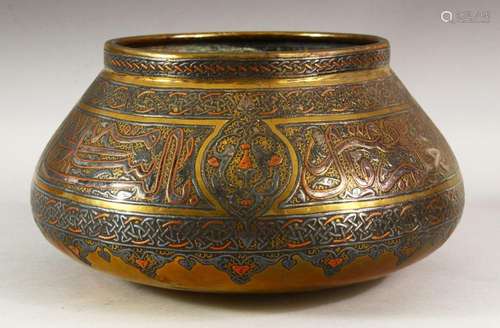 A GOOD LARGE DAMASCUS CAIROWARE SILVER INLAID BRASS BOWL, th...