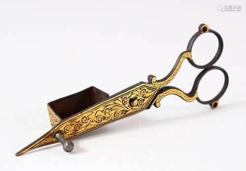 A GOOD SET OF TURKISH GOLD INLAID IRON CANDLE SNUFFER / SCIS...