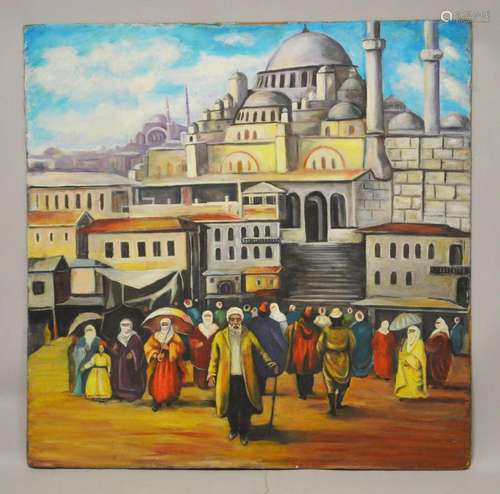 A LARGE ISTANBUL PAINTING OF A MOSQUE ON BOARD - depicting t...