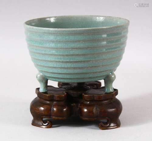 A GOOD CHINESE CELADON TRIPOD CENSER & BRONZE STAND - th...