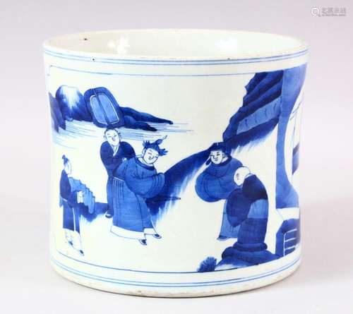 A LARGE CHINESE BLUE AND WHITE BRUSH POT, painted with two p...