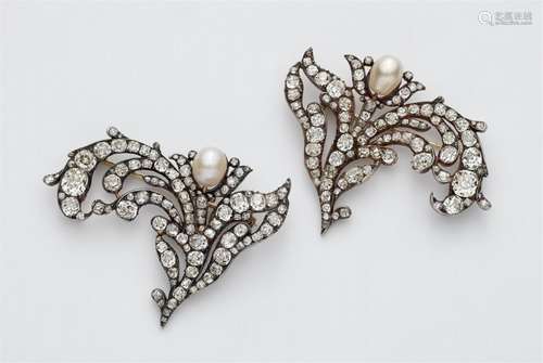 A pair of Victorian gold, diamond and pearl brooches