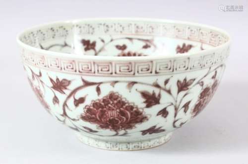 A CHINESE PORCELAIN IRON RED FLOWER BOWL, the interior and e...